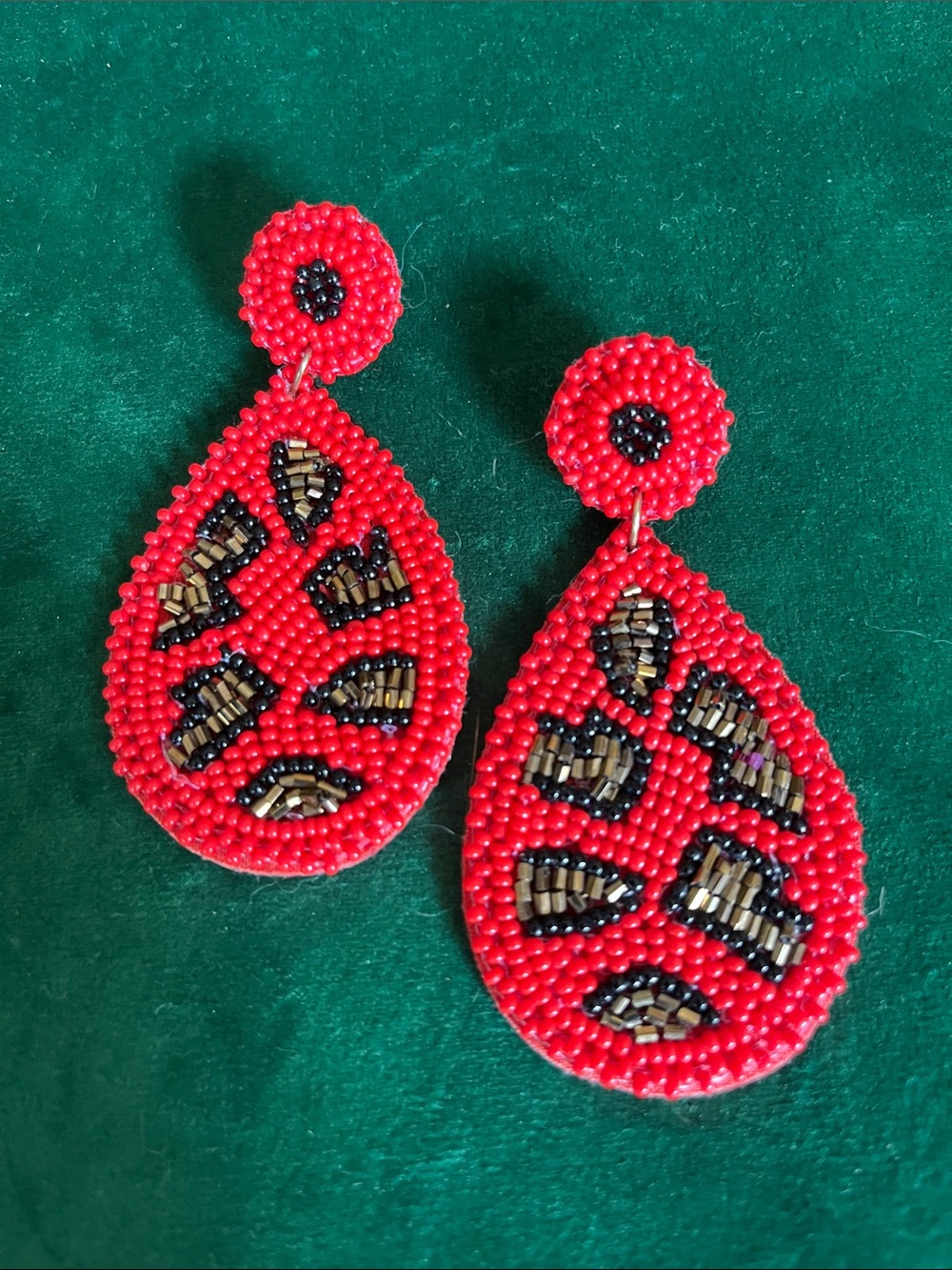 Red Beaded Teardrop Earrings with Leopard Print Accent